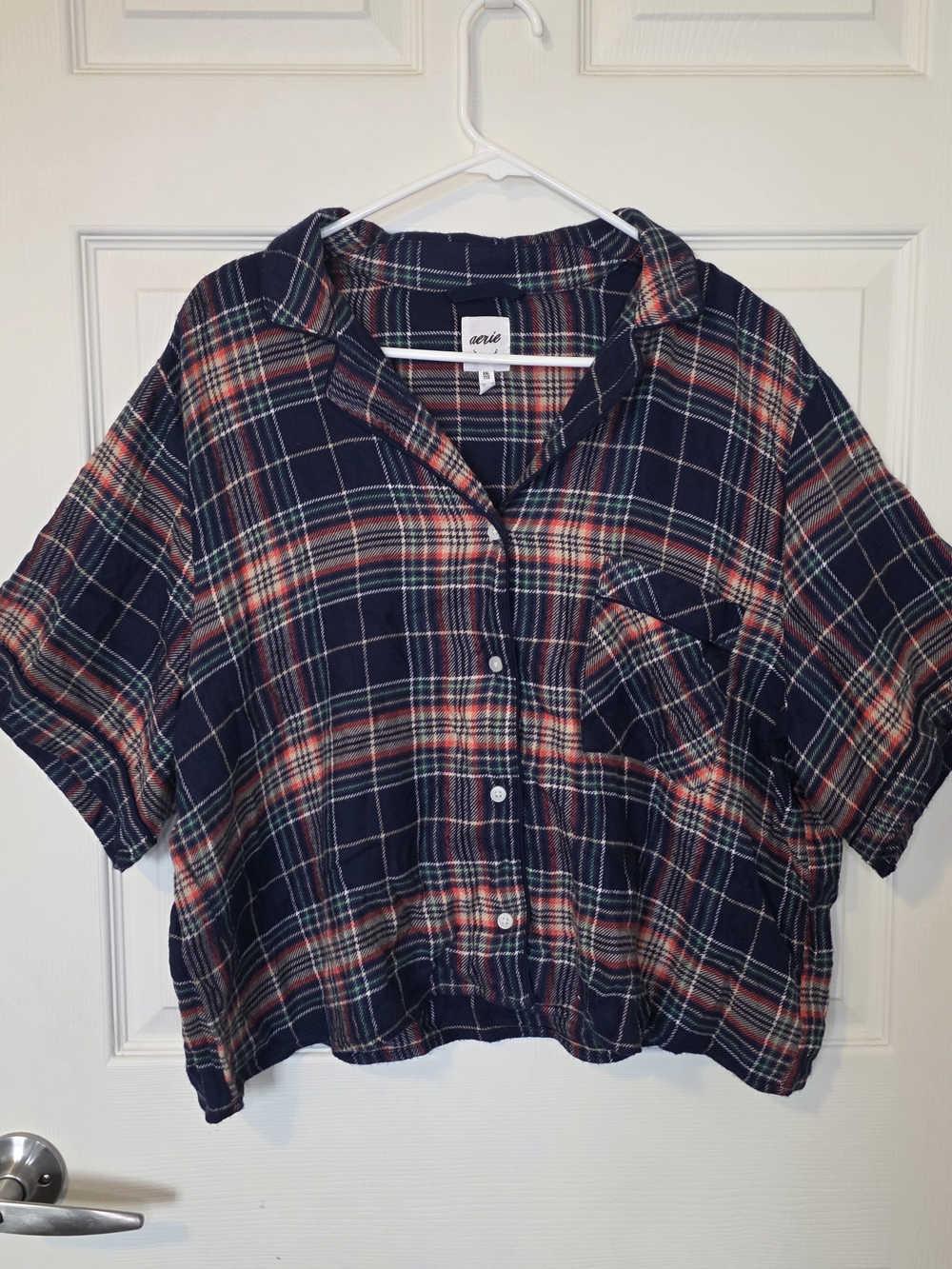 Aerie Plaid Short Sleeve Cropped Button-Up Shirt - Navy Multicolor (XXL)